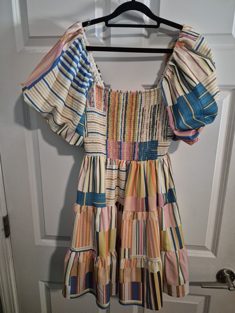 Entro Striped Puffy Sleeves Mini Dress Feminine Beach Multicolor- Small - Picture 2 of 6